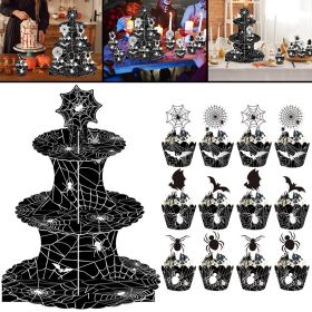 3 Tier Cupcake Stand Black Spider Web Cardboard Cupcake Stand with Spider Bat Cupcake Toppers Cupcake Holder Tower for Birthday Party Supplies
