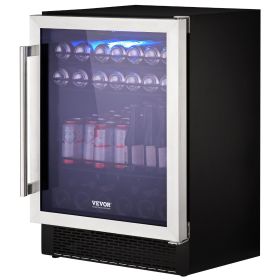 VEVOR 24" Beverage Refrigerator, 154 Cans Under Counter Built-in or Freestanding Beer Cooler Fridge, Blue LED Light, Child Lock, Adjustable Shelv