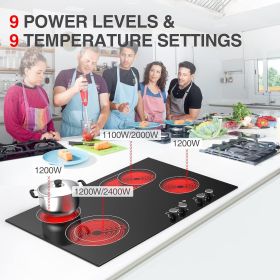 Electric Cooktop 30 Inch, 6800W Ceramic Electric Stove Top with 4 Burners 220v, Knob Control, 9 Heating Levels, Kids Lock & Timer