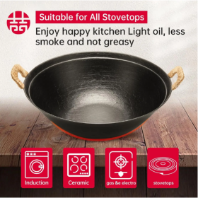WANGYUANJI 14.96 Handmade Wok, Cast Iron Wok Pan, Large Flat Bottom Wok Stir With Dual Handle And Wooden Lid, Suitable For All Cooktops, Uncoated (Color: Black)