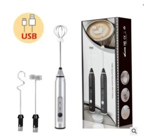 Milk Frother Electric Egg Beater USB Charging Mixer For Coffee Drink Portable Electric Milk Frothers Handheld Blender Cappuccino Cream Egg Beater (Color: Silver)