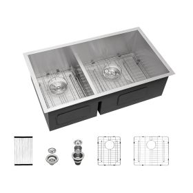 Lordear 33/28 Inch Undermount Sink Double Bowl 16 Gauge Stainless Steel Low Divide Kitchen Sink (size: 33-6/4)