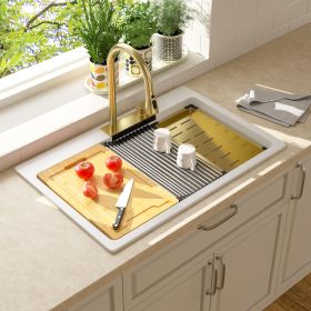 33-inch Drop-in Quartz Stone Workstation Kitchen Sink Top-mount Single Bowl Kitchen Sinks Granite Composite Sink with Black or White Finish (Color: White)